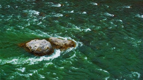 High angle view of rock by sea