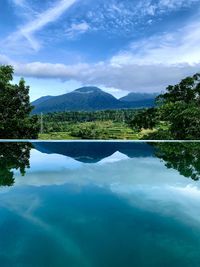 Scenic view of lake by mountains against sky