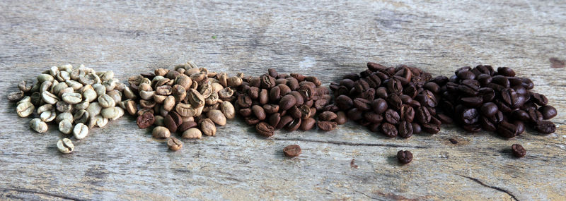 Panoramic shot of various roasted coffee beans on table