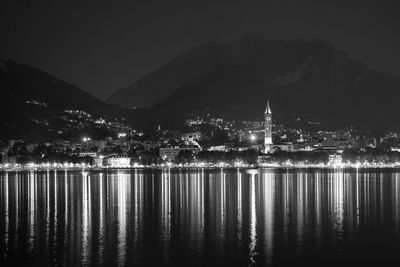 Reflection of illuminated buildings in lake at night