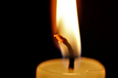 Close-up of lit candle against black background