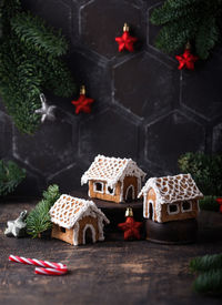 High angle view of christmas decorations on table
