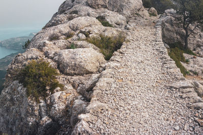 Rock formation in sea against sky