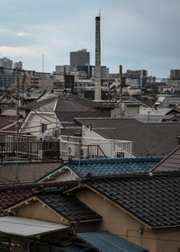 High angle view of buildings in city against sky