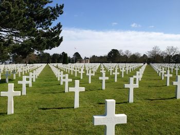 Crosses at normandy american cemetery and memorial against sky