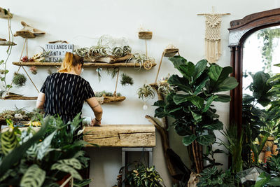 Rear view of woman with umbrella against plants