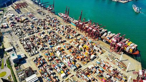 High angle view of crowd at harbor in city