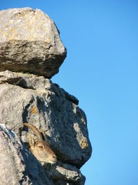 Low angle view of rock against clear blue sky