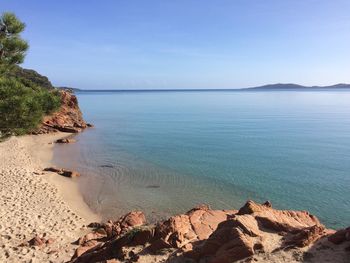 Scenic view of sea against clear blue sky