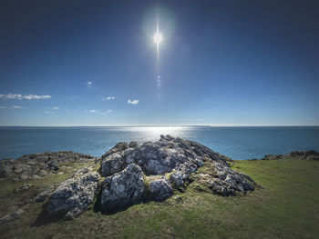 Panoramic view of rocks on sea shore against sky