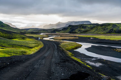 Black birthday road curve through icelandic highlands landscape