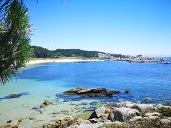 Scenic view of sea against clear blue sky