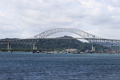 View of suspension bridge against cloudy sky