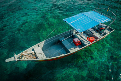 High angle view of ship sailing in sea