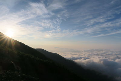 Scenic view of mountains against sky during sunset