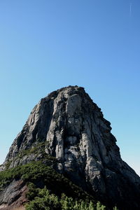 Low angle view of rock formation against clear blue sky