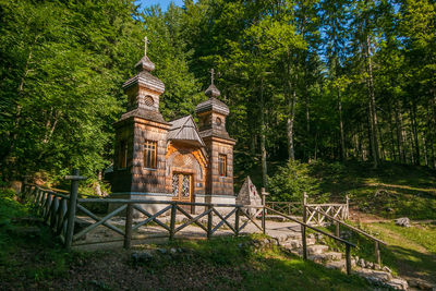 View of temple amidst trees and building