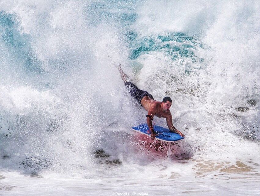 motion, water, splashing, sport, sea, men, lifestyles, leisure activity, people, real people, waterfront, aquatic sport, nature, day, shirtless, wave, surfing, speed, outdoors, power in nature, positive emotion