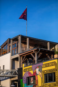 Low angle view of flags on building against sky