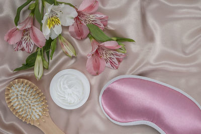 High angle view of pink flowers on table