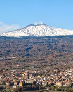 Aerial view of snowcapped mountain against sky