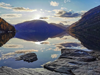 Scenic view of lake and mountains against sky