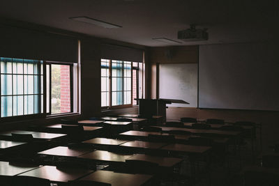 Empty table and chairs in building