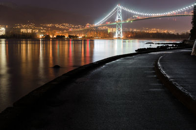 Lions gate bridge over river at night
