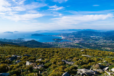 Panoramic view of the val miñor region. in the image you can see the town of baiona and nigran