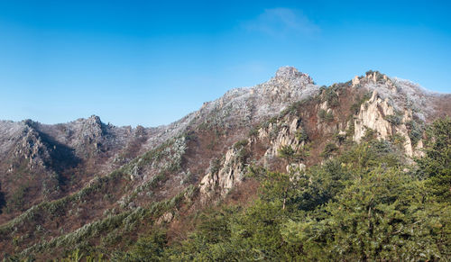 Scenic view of mountains against clear blue sky