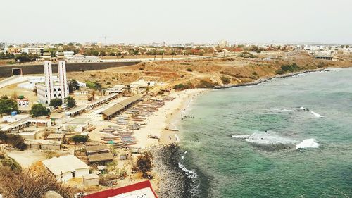 High angle view of beach against clear sky