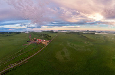 High angle view of landscape against sky during sunset