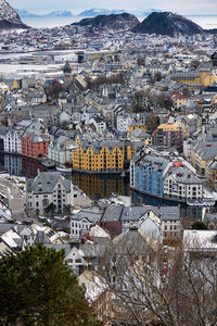 Winter view over Ålesund from fjellstua in snow, norway