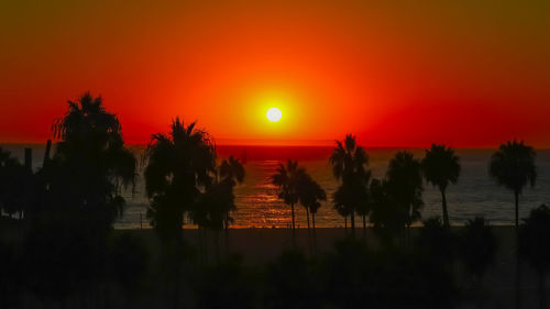 Silhouette trees by sea against romantic sky at sunset