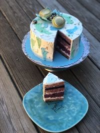 High angle view of cake in plate on table