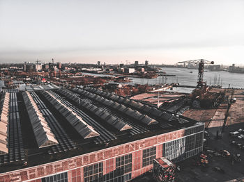 High angle view of buildings against sky