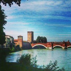 Bridge over river with buildings in background