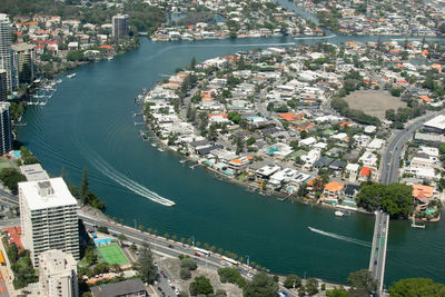 High angle view of city at riverbank