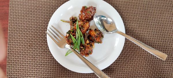 High angle view of food in plate on table