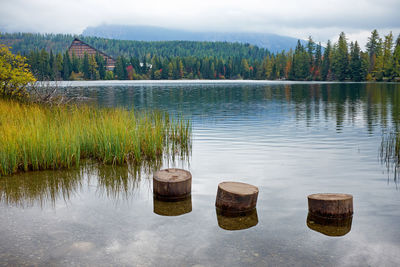 Wooden posts in lake against sky