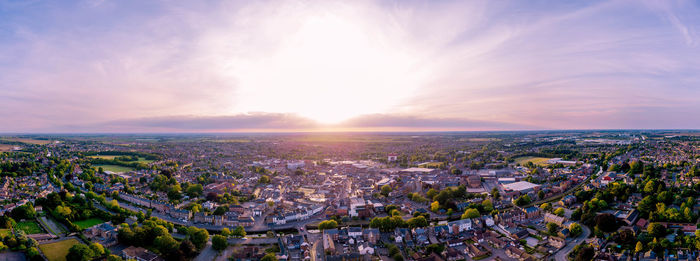 Aerial panorama of spalding, lincolnshire taken during first covid lockdown at sunset in april 2020