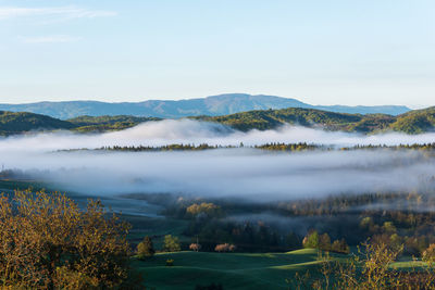 Foggy view on the valley in the julian alps in slovenia