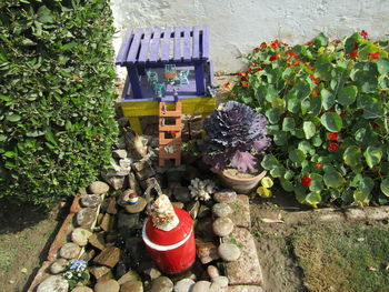 High angle view of potted plants in yard