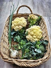 High angle view of vegetables in wicker basket