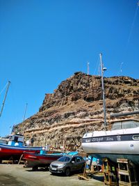 Boats in blue water against clear sky