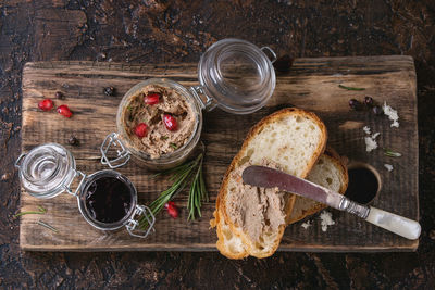 High angle view of breakfast on table against black background