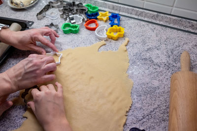 High angle view of people preparing food