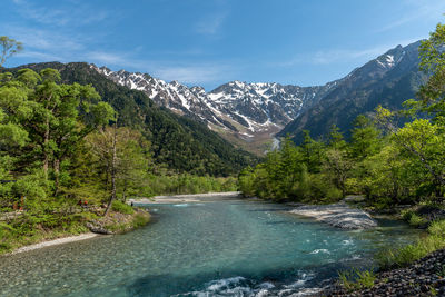 Scenic view of waterfall amidst trees against sky