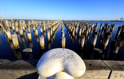 Close-up of wooden posts on land against clear blue sky