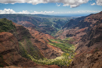 High angle view of valley against sky